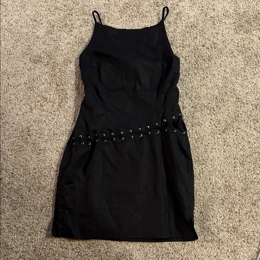 Peppermayo Black Perfect Always Linen Mini Dress with Lace-Up Detail